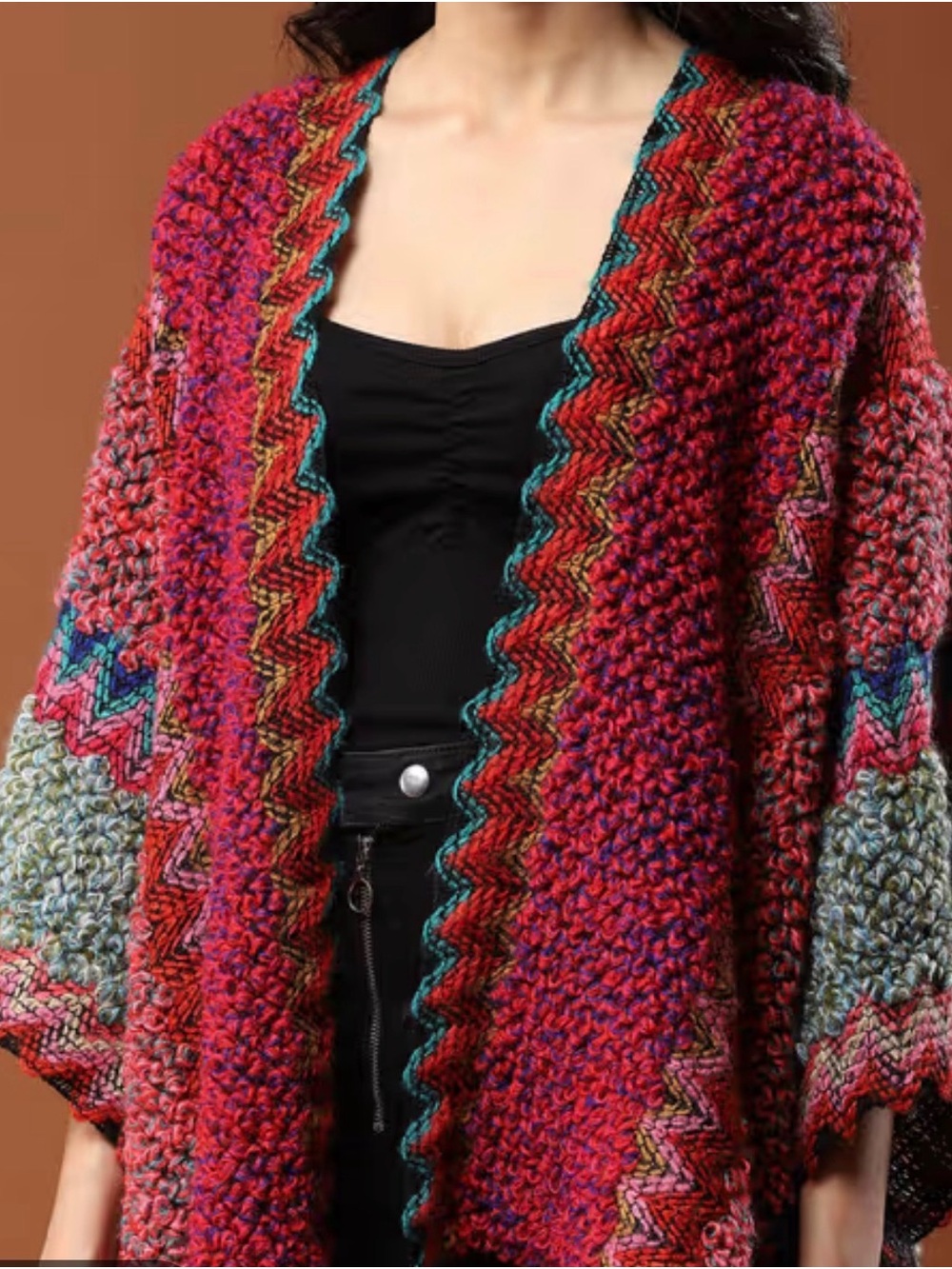 Nostalgia Red Multi-Color Open-Front Knit Cardigan